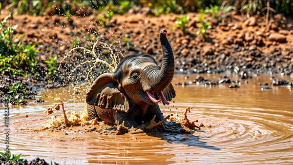 Fototapeta A Playful Baby Elephant Splashing Water With Its Trunk in a Muddy Watering Hole