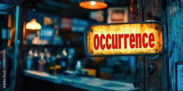 Fototapeta A vintage neon occurrence sign illuminates the dimly lit interior of a cozy rustic bar filled with nostalgic and eclectic decor elements.