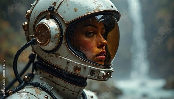 Fototapeta A weathered astronaut in a vintage suit with reflective visor, standing in a misty landscape, evoking adventure and solitude.