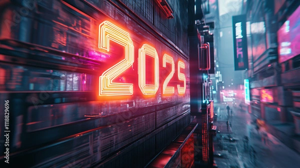 Fototapeta neon style 2025 sign glowing in a futuristic city