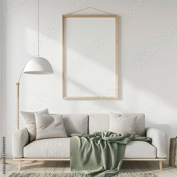 Fototapeta A white sofa with a green throw blanket in a minimalistic living room with a large empty frame on the wall