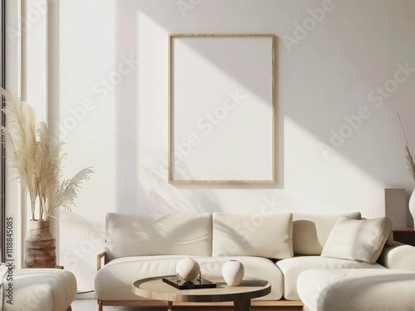 Obraz Minimalist living room interior with a beige sofa. wooden coffee table. and a large empty frame hanging on the wall