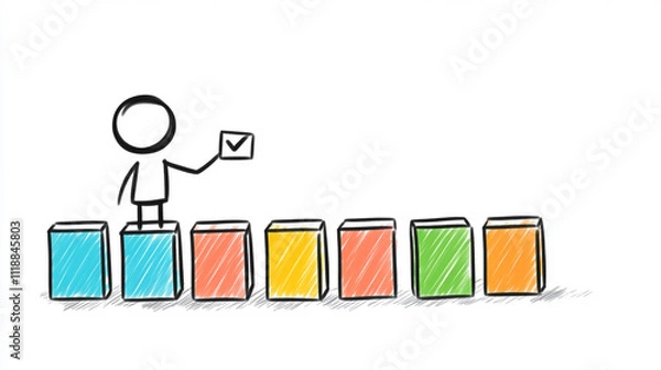 Fototapeta Stick Figure Ticking Off Seven Boxes on a Checklist
