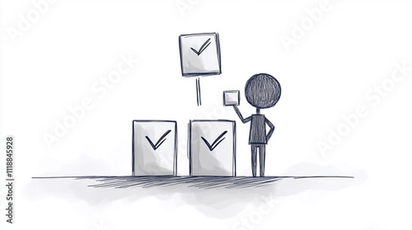 Fototapeta Stick Figure Ticking Off Seven Boxes on a Checklist