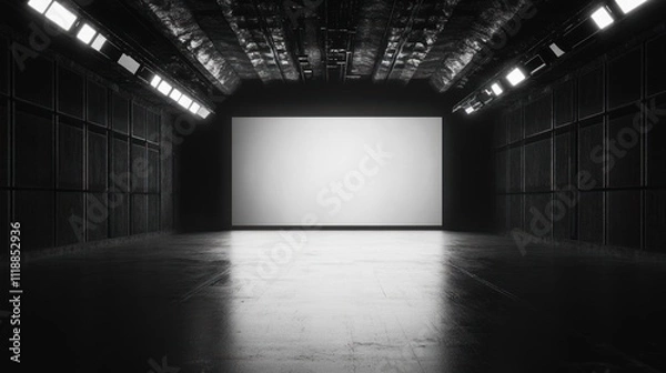 Obraz A spacious, empty studio with a large blank screen, ideal for presentations or filming.
