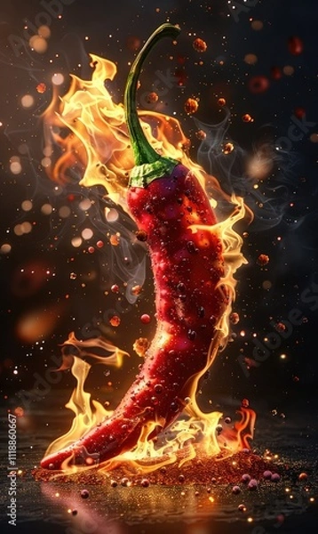 Fototapeta Fresh spicy red chili ingredient background on dark textured surface ai generated