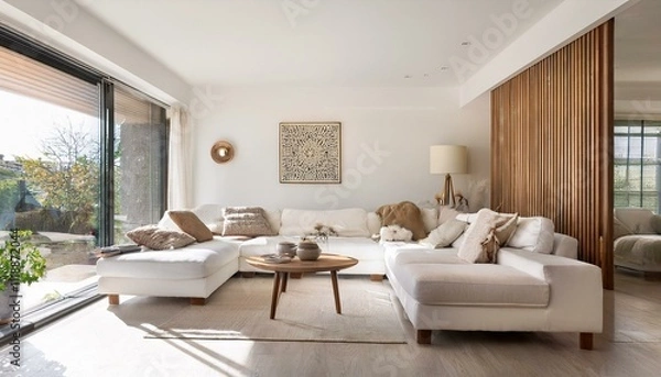 Fototapeta Maximizing space in small white and neutral living rooms creatively