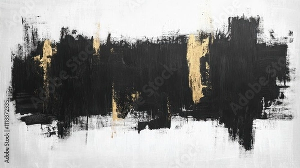 Obraz Abstract black and gold paint strokes on white background.
