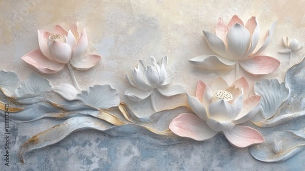 Obraz 3D embossed pastel lotus flowers and leaves on textured background.