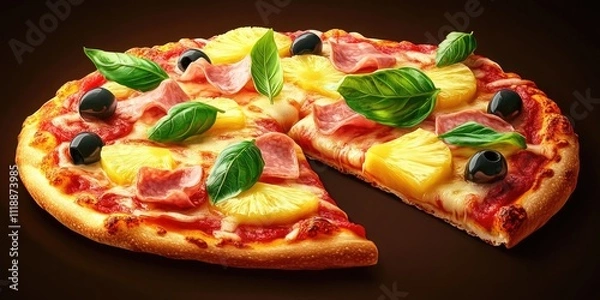 Fototapeta Slice of pizza with olives, basil, and pineapple. The pizza is cut in half