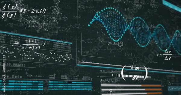 Fototapeta Image of mathematical equations over data processing with dna strand on black background