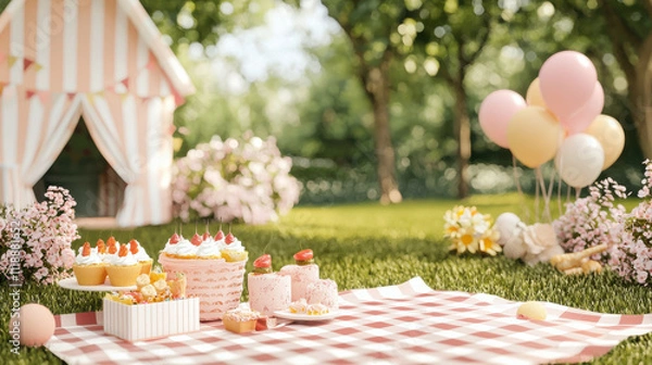 Fototapeta whimsical outdoor birthday picnic setup with checkered blanket and desserts