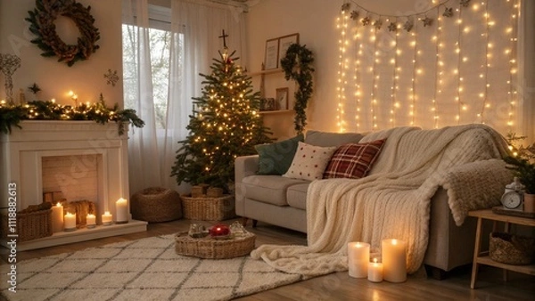 Fototapeta Candlelit living room with fairy lights, warm winter holiday decor.