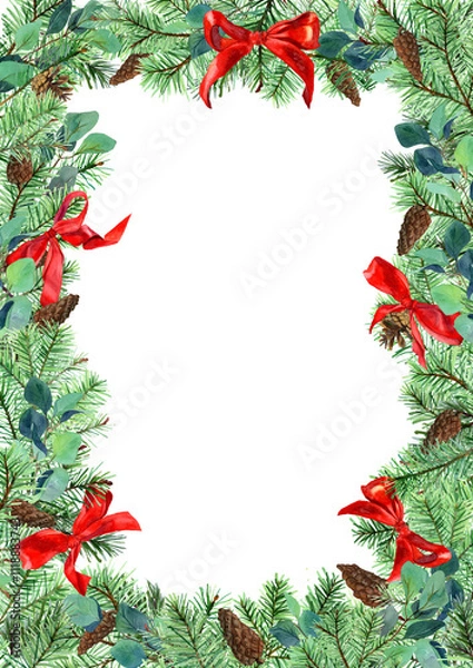 Fototapeta Watercolor spruce branch with pine cones and red bows in A4 frame. Winter Christmas blank border. Template for text. Decor for seasonal offer, diploma, letters, labels. New year decoration.