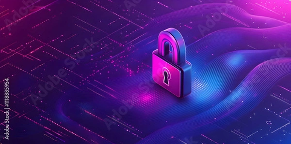 Fototapeta A digital lock symbolizing cybersecurity in a vibrant, tech-inspired background.