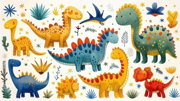 Fototapeta Colorful cartoon dinosaurs surrounded by plants and foliage.