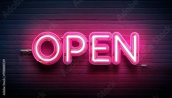Obraz ネオンサインOPENの文字ピンク色に光る電飾