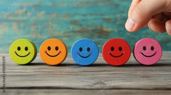 Obraz Colorful Smiley Faces on Wooden Background