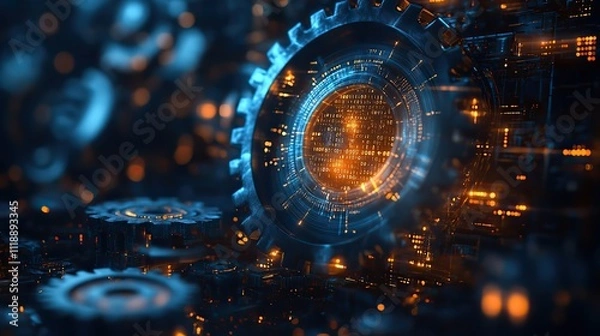 Fototapeta A blue background with gears and binary code, representing machine learning in digital marketing