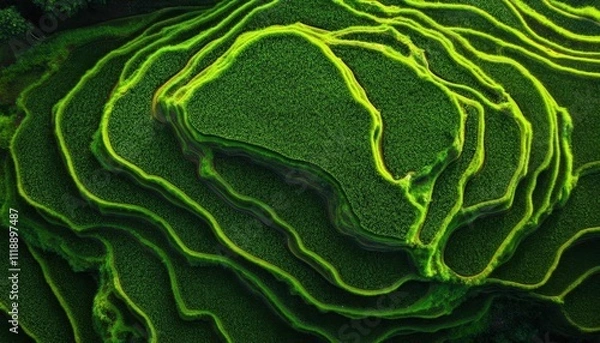 Fototapeta Aerial view of lush, terraced rice paddies in vibrant green hues.