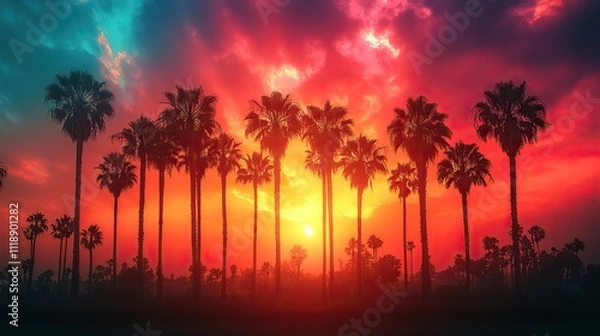 Fototapeta A double exposure image blends California palm trees with a vibrant color palette, creating a striking visual effect