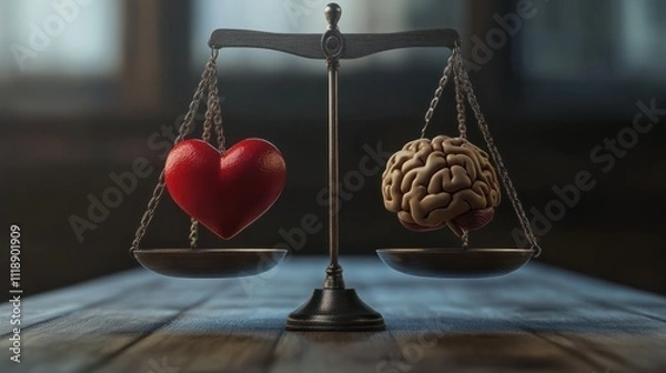 Fototapeta Shot of a balance scale weighing a heart and a brain, symbolizing the balance between emotion and logic.
