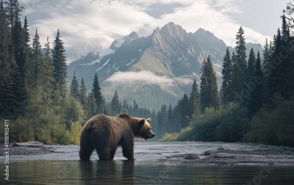 Fototapeta A brown bear standing in the middle of a river, with a forest and mountain background