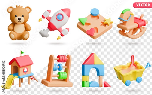 Fototapeta Kids Toys 3D Vector Icon Set: Teddy Bear, Toy Rocket, Shape Sorter Puzzle, Rocking Horse, Playhouse with Slide, Abacus, Geometric Building Blocks, Sand Cart with Shovel.