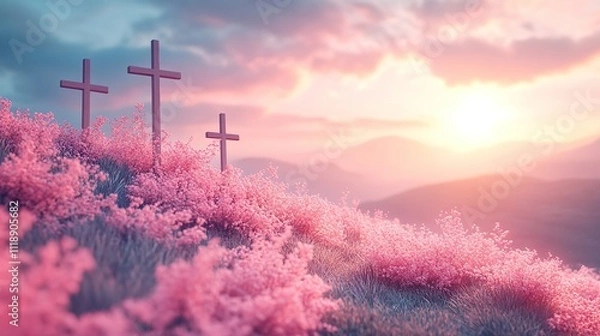 Fototapeta A Happy Easter card depicts crosses nestled on a hill against a backdrop of soft pastel colors