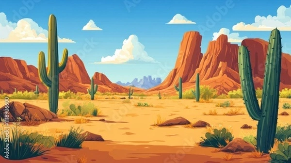 Fototapeta A cartoon vector illustration of an old western desert with cacti and rocks, wild west background style