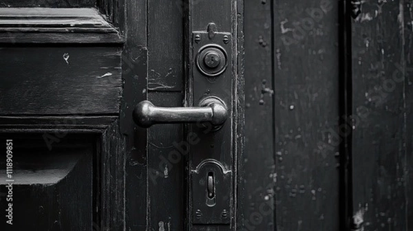 Fototapeta Close-up of an antique, dark wooden door with a metallic handle and lock.