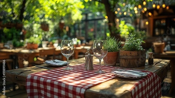 Fototapeta A rustic red and white checked cloth adorns a weathered wooden table in an outdoor restaurant