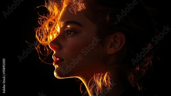 Fototapeta A silhouette of a person's head and shoulders against black, with light illuminating their facial features