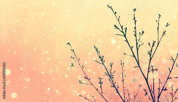 Fototapeta Abstract Branches Silhouettes on Peachy Background with Soft Bokeh, Winter's Gentle Embrace