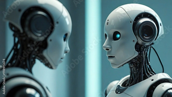 Fototapeta robot cyborg person looking into mirror