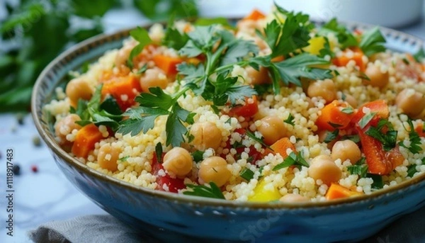 Fototapeta A vibrant couscous salad with chickpeas, vegetables, and herbs.