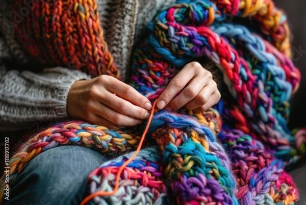 Fototapeta A person knitting a colorful blanket, showcasing craftsmanship and creativity.
