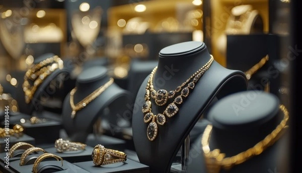 Obraz Display of elegant jewelry in a luxurious showcase.