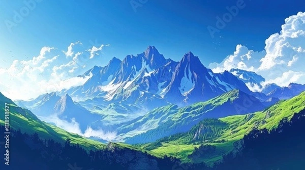 Fototapeta A serene mountain landscape with vibrant greenery and a clear blue sky.