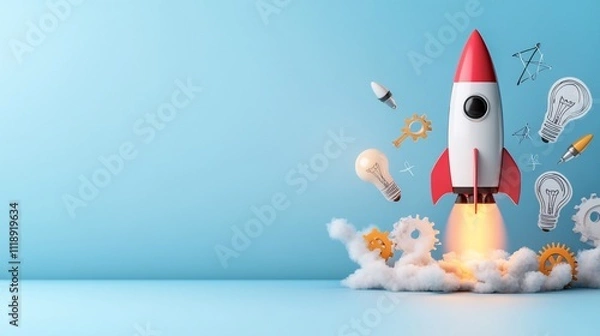 Fototapeta Red and white rocket launching with gears and lightbulbs, signifying startup success.