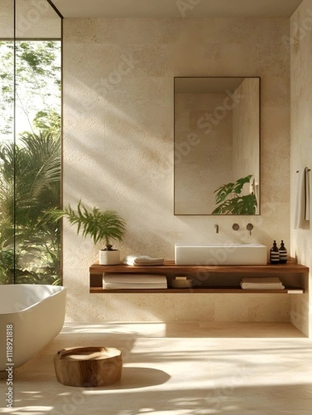 Fototapeta Modern Minimalist Bathroom with Freestanding Tub, Large Window, and Natural Elements Including Greenery and Wooden Accents.