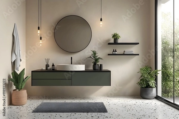 Fototapeta Modern Minimalist Bathroom Design with Round Mirror, Floating Vanity, and Elegant Black Pendant Lights Featuring a Terrazzo Floor and Neutral Beige Walls for a Clean, Sophisticated Look.