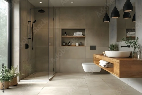 Fototapeta Modern Bathroom Design with Minimalist Aesthetics Featuring a Glass-Enclosed Shower, Floating Vanity, and Warm Ambient Lighting Accentuated by Greenery and Elegant Black Fixtures.
