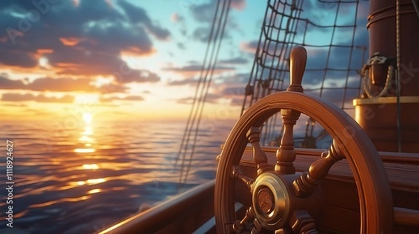 Fototapeta Steering Wheel at Sunset for Navigation and Travel Concepts.