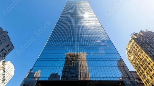 Fototapeta A tall glass skyscraper reflecting the sky and surrounding buildings.