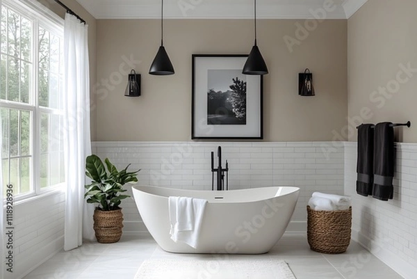 Fototapeta Modern Minimalist Bathroom with Freestanding Tub, Black Pendant Lights, and Natural Elements Featuring Sleek Design and Elegant Decor in Neutral Tones for a Serene and Inviting Space.