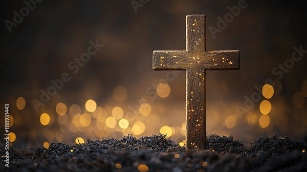 Fototapeta A wooden cross with bokeh lights in the background, symbolizing the sacredness of Easter and the death of Jesus