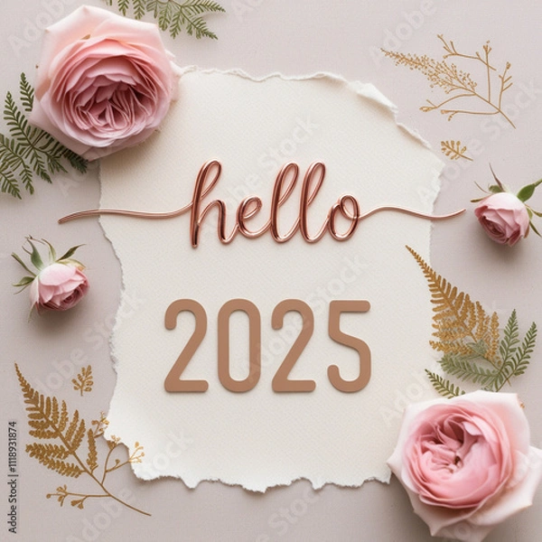 Fototapeta Stunning Minimalistic ‘2025’ Floral Design: Torn Paper Aesthetics with Elegant Leafy Surroundings