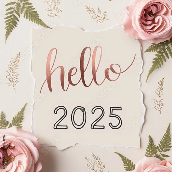 Fototapeta Stunning Minimalistic ‘2025’ Floral Design: Torn Paper Aesthetics with Elegant Leafy Surroundings