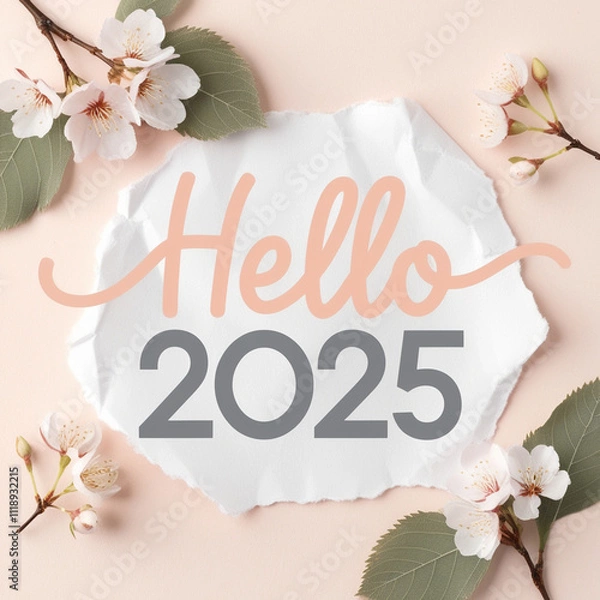 Fototapeta Stunning Minimalistic ‘2025’ Floral Design: Torn Paper Aesthetics with Elegant Leafy Surroundings